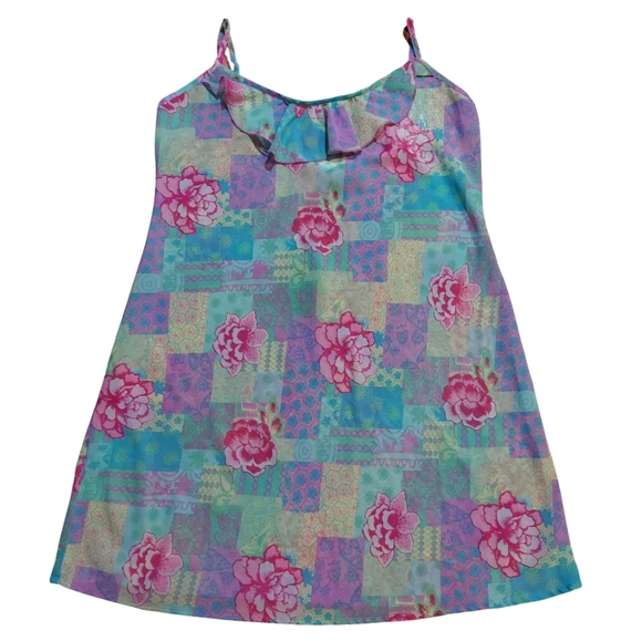 Vintage Y2K Natori Pastel Floral Patchwork Chiffon Ruffle Slip Dress - Picture 12 of 14